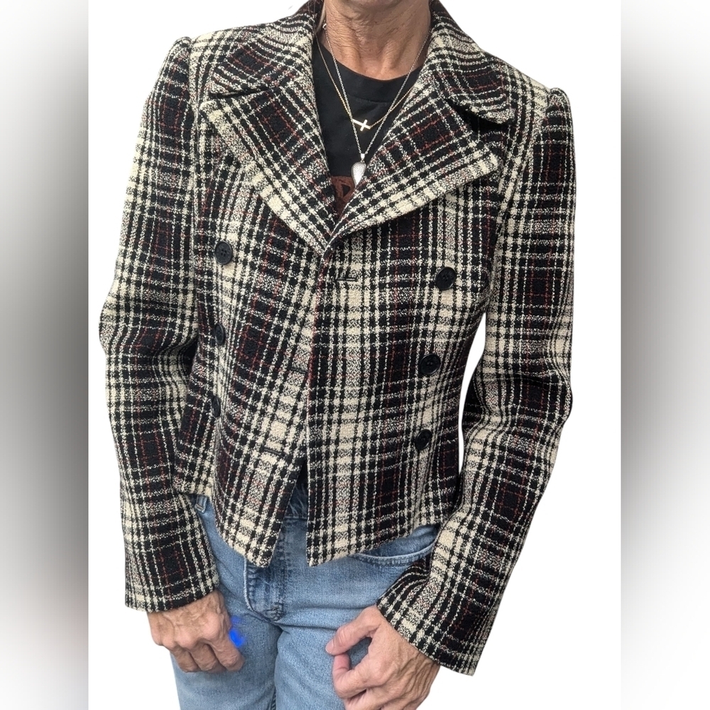 Vintage BCBG Max Azria Wool Blend Plaid Cropped Double Breasted Blazer 2